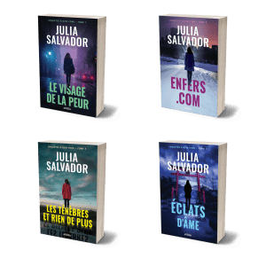 Image regroupant les quatre couvertures de la série Enquêtes à New York de Julia Salvador : Le Visage de la Peur, Enfers.com, Les Ténèbres et rien de plus et Éclats d’âme.