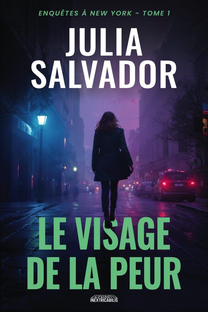 Le Visage de la Peur – Tome 1 de la série Enquêtes à New York Couverture du livre Le Visage de la Peur de Julia Salvador, une femme de dos dans une rue nocturne.