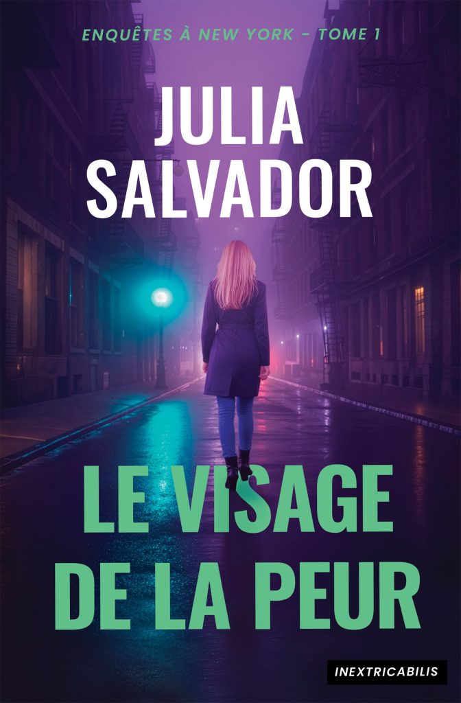 Couverture du livre Le Visage de la Peur de Julia Salvador : une femme de dos s'eloigne dans une rue mouillee, sous une lumiere violette et turquoise.