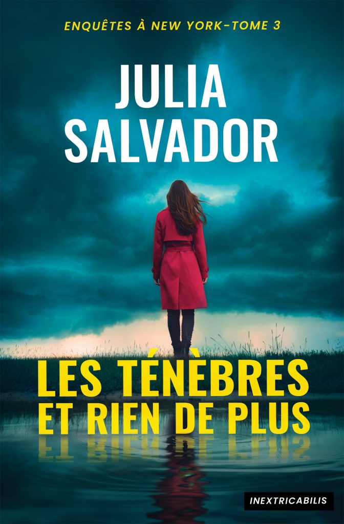 Couverture du livre Les Tenebres et rien de plus de Julia Salvador : une femme en manteau rouge, de dos, se tient dans l'eau sous un ciel d'orage turquoise.